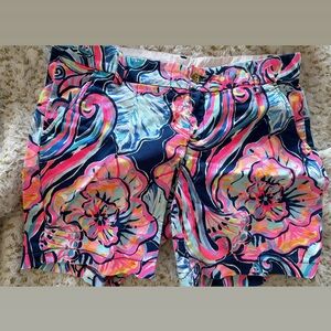 TWO Lilly Pulitzer Navy Floral Print Bermuda Shorts with Pink Accents & White